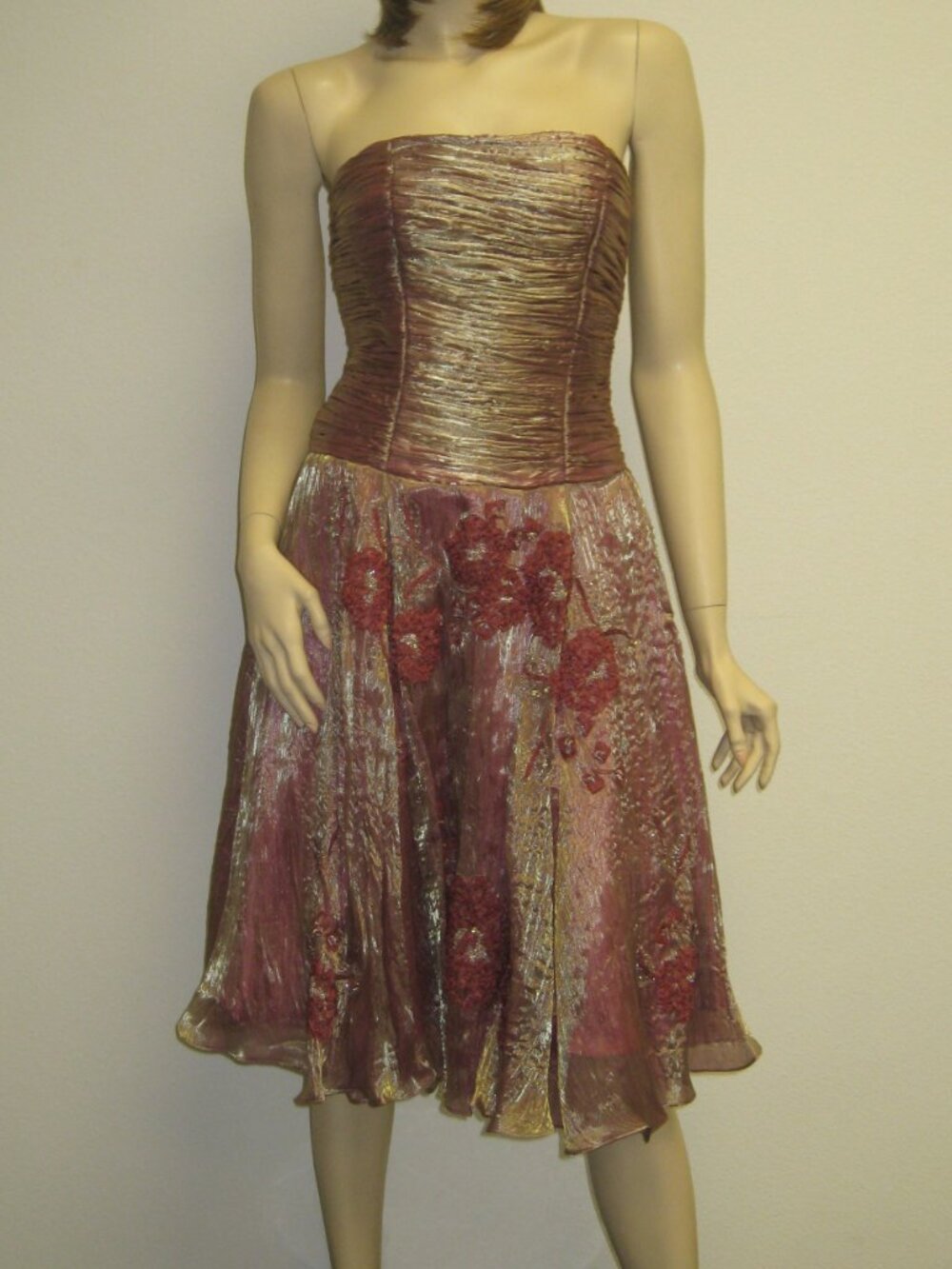 Sue Wong Dress Y2K Evening #27 Silk Midi Metallic Gold Strapless taffeta Ruched
